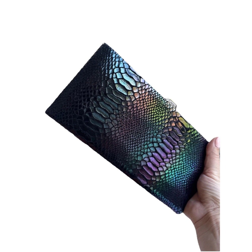 LODIS Palm Springs Multi Color Leather Framed Wallet Clutch 10” Snake Embossed
